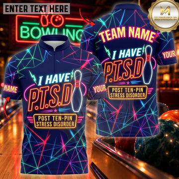 Maxcorners Bowling I Have PTSD Retro Neon Graphic Personalized Name 3D Unisex Shirt