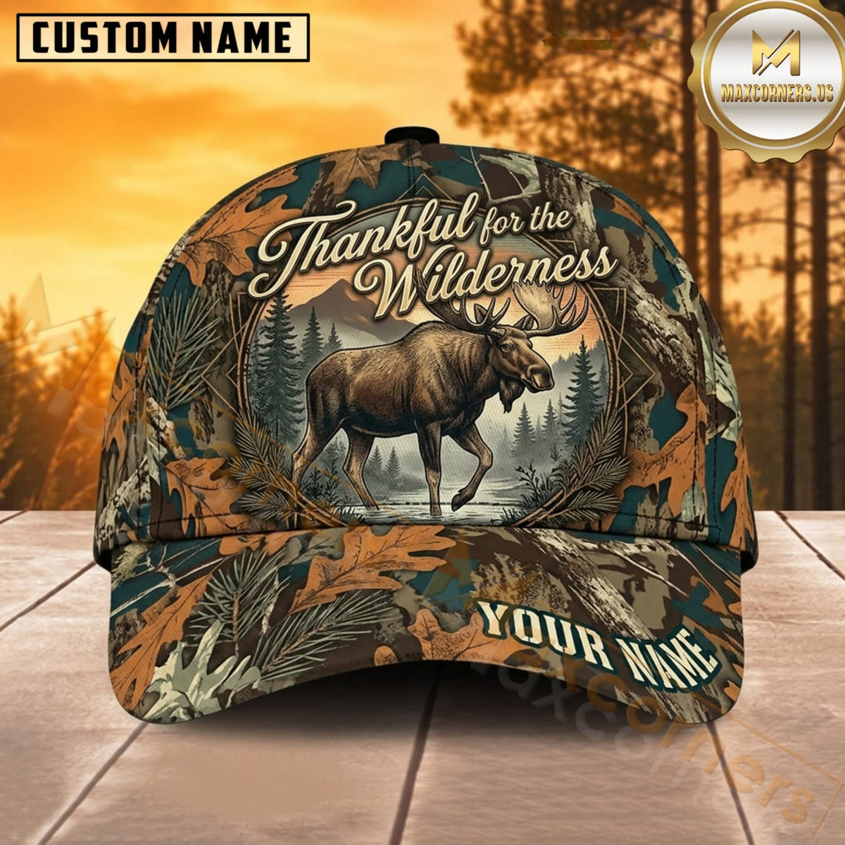 Maxcorners Moose Hunting Bull Moose Thankful for the Wilderness Woodland Badge Camo Customized Name 3D Cap