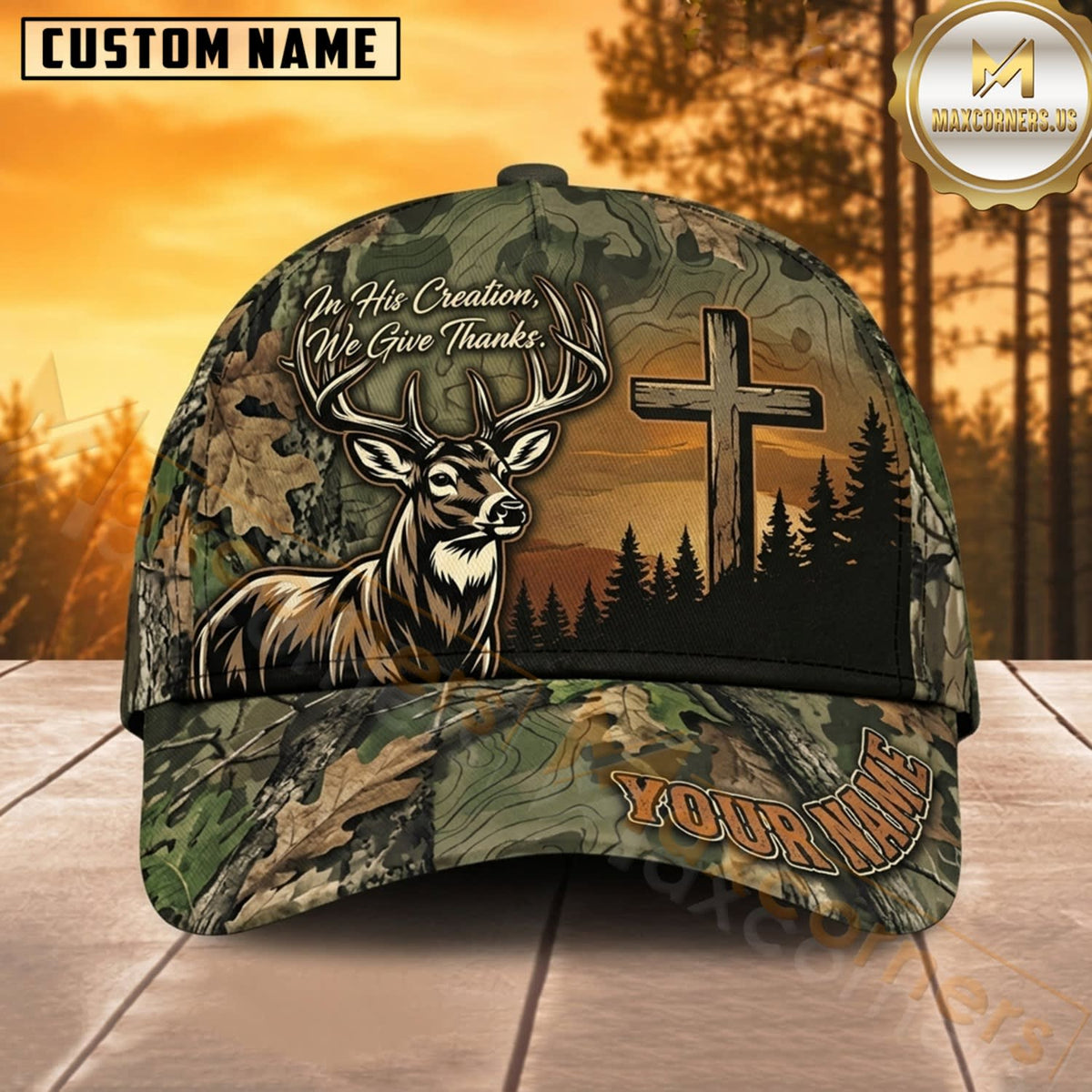 Maxcorners Deer Hunting Whitetail Buck Christian Cross Hunting Scene Woodland Camo Customized Name 3D Cap