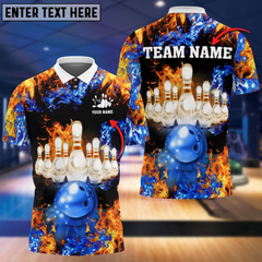 Maxcorners Red And Blue Flame Bowling and Pins Lightning Customized Name And Team Name 3D Shirt