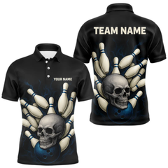 Maxcorners Black and Blue Skull Bowling Ball and Pins Bowling Shirts For Men Custom skull team bowling jerseys LM154
