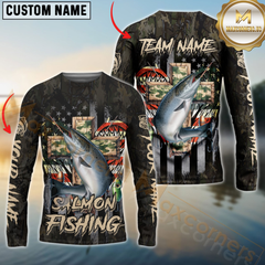 Maxcorners Salmon Fishing American Flag Camo Cross Gear  Sun Protection Personalized Name, Team Name Long Sleeve Shirt
