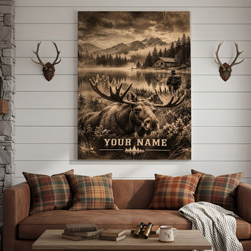 Maxcorners Moose Hunting Snowy Mountain Forest Personalized Canvas Wall Art