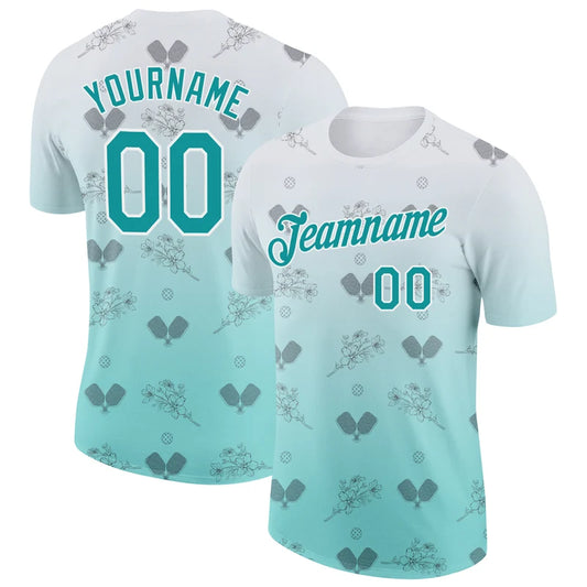 Maxcorners Pickleball Paddle Flower Mint Green Ombre Gradient Personalized Name 3D Unisex Shirt