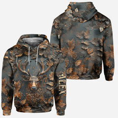 Maxcorners Deer Hunting Bronze Carved Floral Pattern Personalized Name 3D Hoodie TU2611
