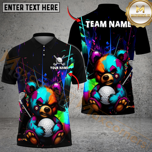 Maxcorners Golf Colorful Angry Teddy Bear Customized Name, Team Name 3D Shirt