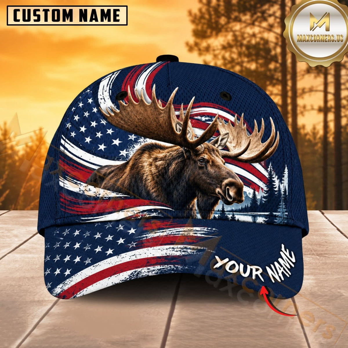 Maxcorners Hunting Wildlife Navy Blue American Flag Wave Personalized Name 3D Cap