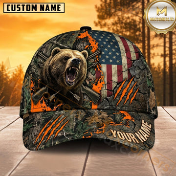 Maxcorners Bear Hunting Brown Bear Roaring Bear Patriotic Flag Orange Slash Camo Customized Name 3D Cap