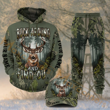 Maxcorners Hunting Buck Around And Find Out Deer Forest Green Camo Personalized 3D Combo Hoodie, Sweatpants Set & Cap