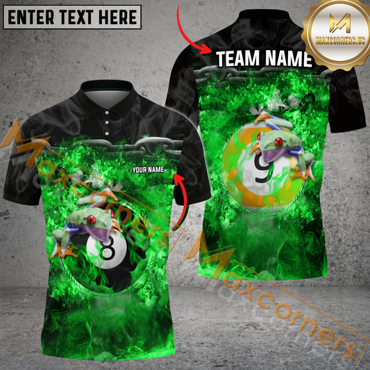 Maxcorners Ball 8 & Ball 9 Frog Style Billiard Jersey Multicolor Options Personalized Name, Team Name 3D Polo Shirt (4 Colors)