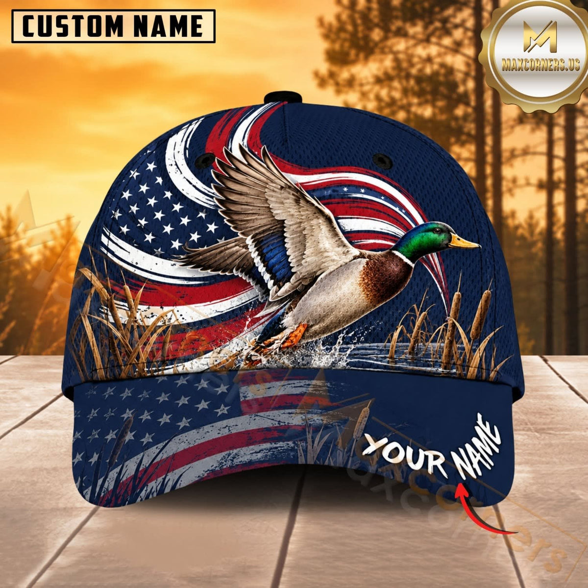 Maxcorners Hunting Wildlife Navy Blue American Flag Wave Personalized Name 3D Cap