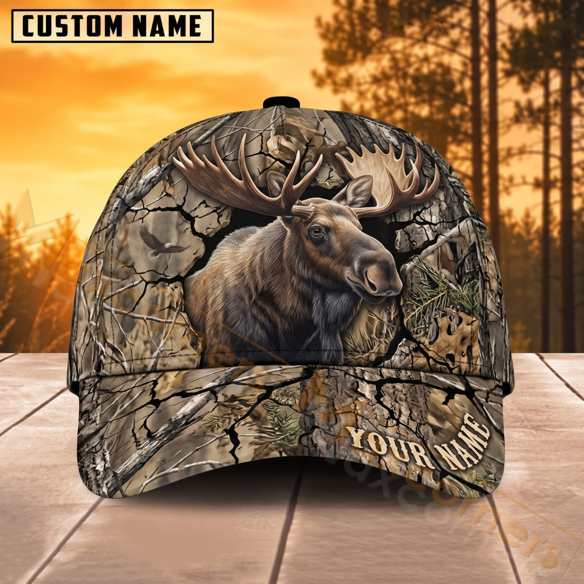 Maxcorners Moose Hunting Woodland Bark Camo Personalized Name 3D Cap