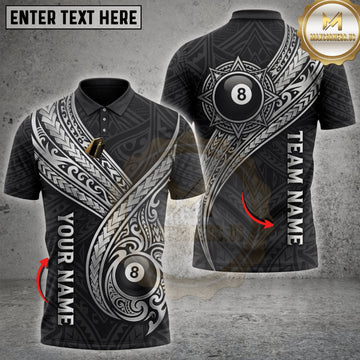 Maxcorners Billiards Black Silver Maori Tribal Eight Ball Personalized Name 3D Unisex Shirt