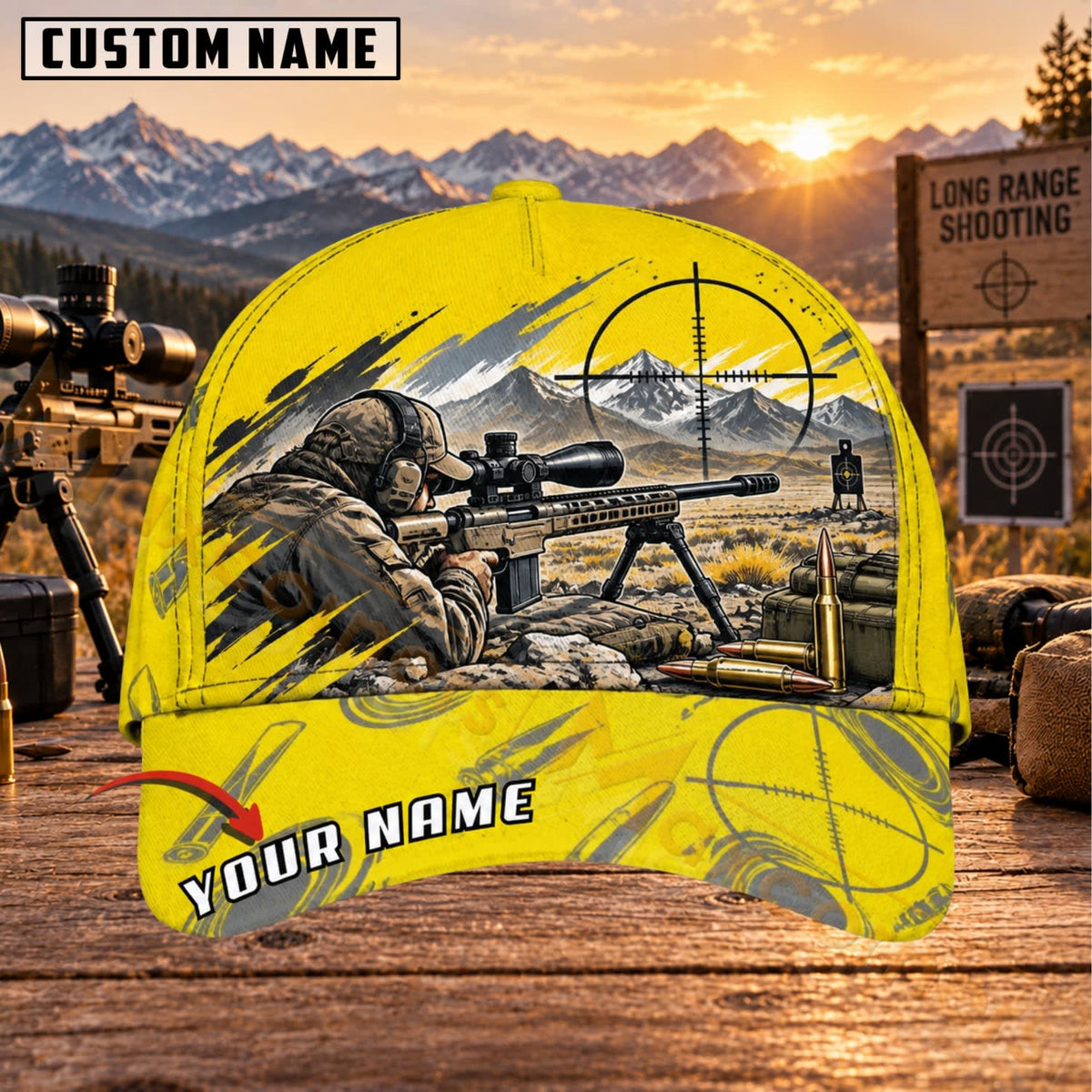 Maxcorners Long Range Shooting Yellow Sniper Scene Personalized Name 3D Cap
