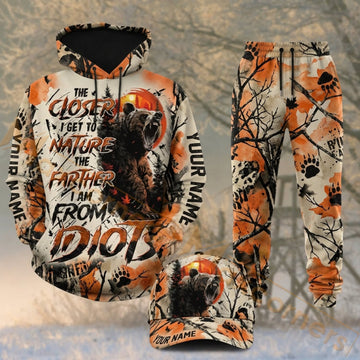 Maxcorners Hunting Closer To Nature Deer Orange Woodland Camo Personalized 3D Combo Hoodie, Sweatpants Set & Cap