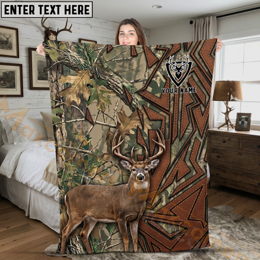 Maxcorners Rustic Leather Deer Camo Woodland Personalized 3D Blanket