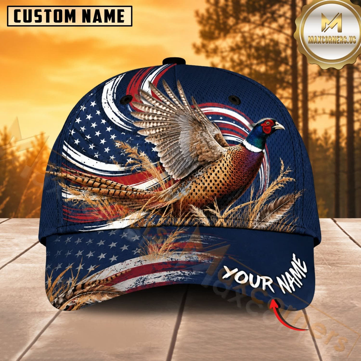 Maxcorners Hunting Wildlife Navy Blue American Flag Wave Personalized Name 3D Cap