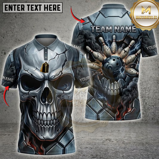 Maxcorners Bowling Silver Chrome Skull Blue Steel Mechanical Gear Multicolor Customized Name, Team Name 3D Shirts ( 4 Colors )