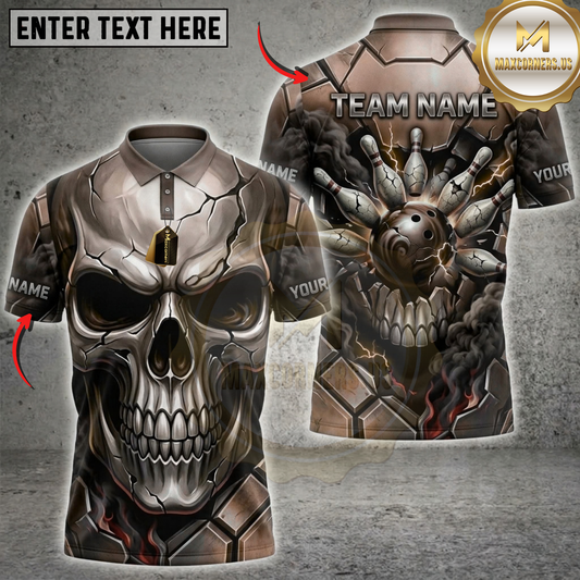 Maxcorners Bowling Silver Chrome Skull Blue Steel Mechanical Gear Multicolor Customized Name, Team Name 3D Shirts ( 4 Colors )