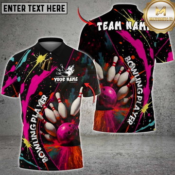 Maxcorners Bowling Pins Splash Paint Multicolor Customized Name, Team Name 3D Shirts