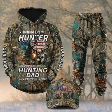Maxcorners Hunting Born To Be A Hunter Hunting Dad Woodland Camo Personalized 3D Combo Hoodie, Sweatpants Set & Cap