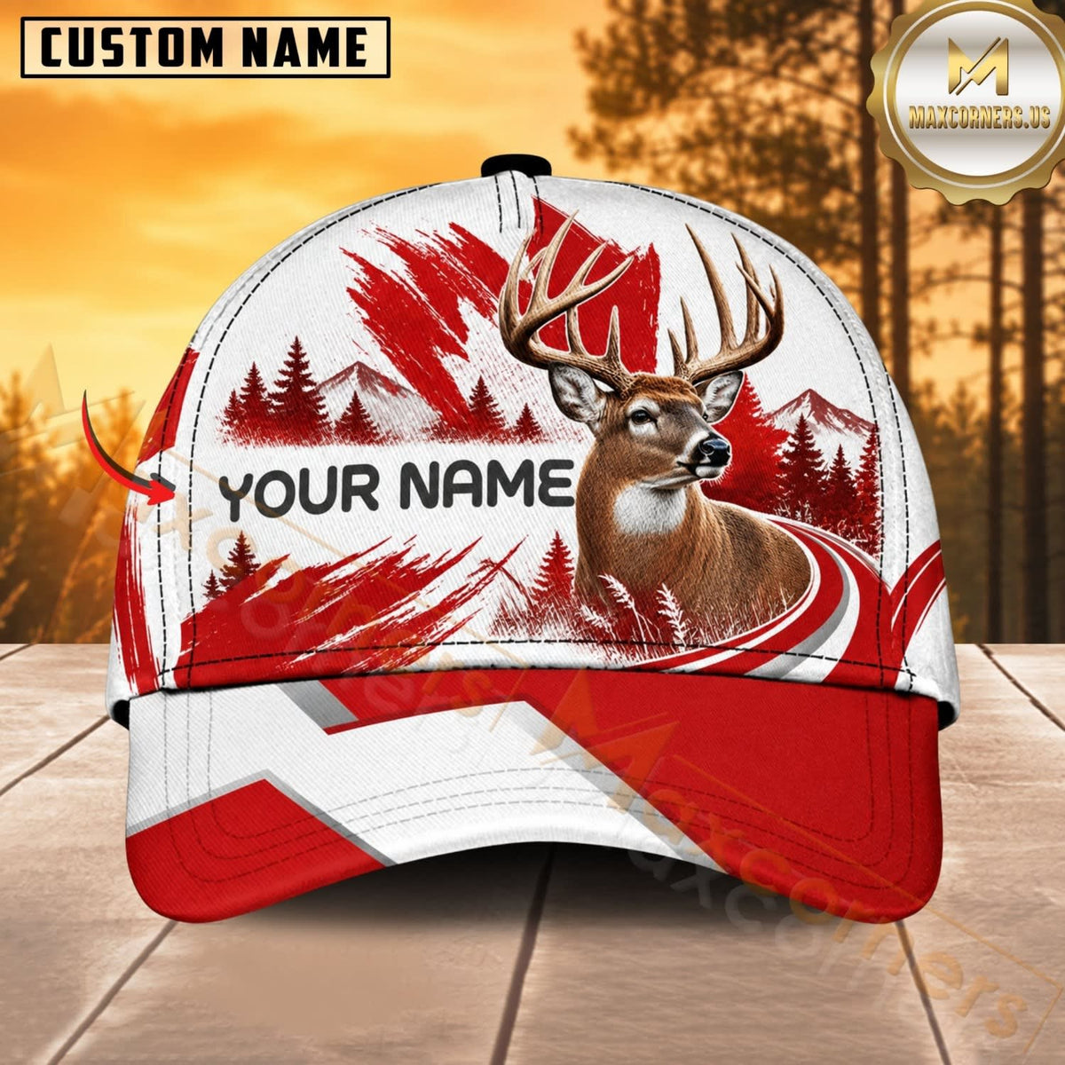Maxcorners Hunting Wildlife Canadian Maple Leaf Red White Forest Personalized Name 3D Cap