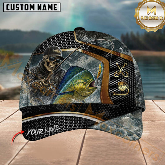 Maxcorners Fishing Skull Fisherman Honeycomb Gold Accent Personalized 3D Cap