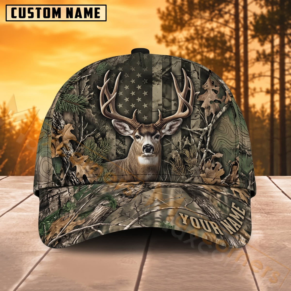 Maxcorners Deer Hunting Woodland Camo Buck Personalized Name 3D Cap