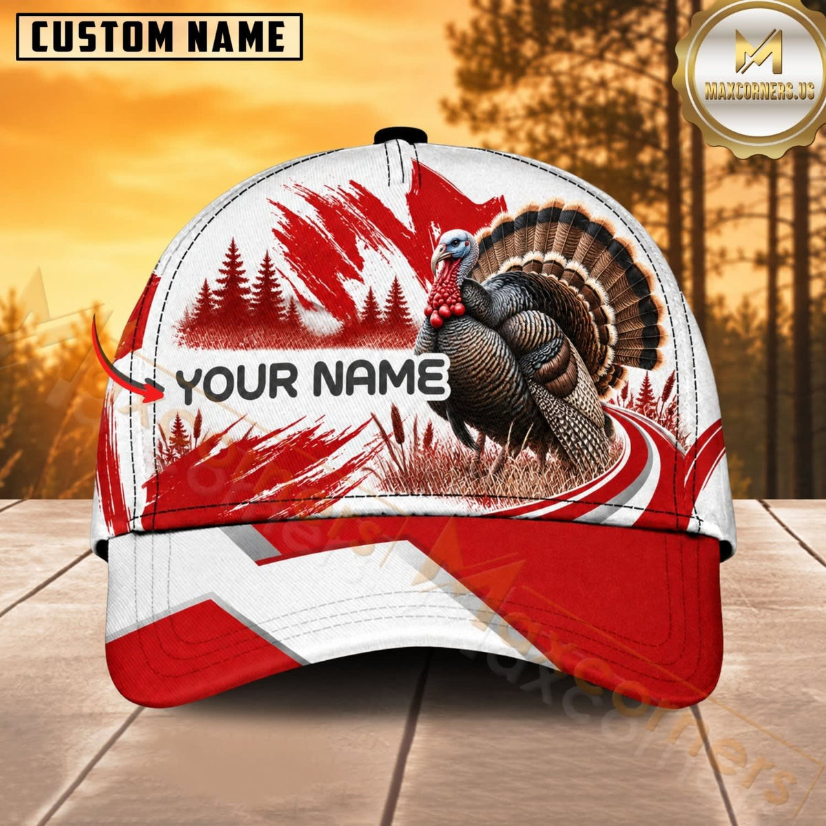 Maxcorners Hunting Wildlife Canadian Maple Leaf Red White Forest Personalized Name 3D Cap