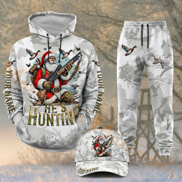Maxcorners Hunting Deer Hunter White Woodland Camo Personalized 3D Combo Hoodie, Sweatpants Set & Cap