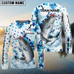 Maxcorners Salmon Fishing Blue White American Flag Personalized Name, Team Name 3D Shirt