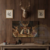Maxcorners Deer Hunter Holding Rifle beside Fireplace Wrapped Canvas