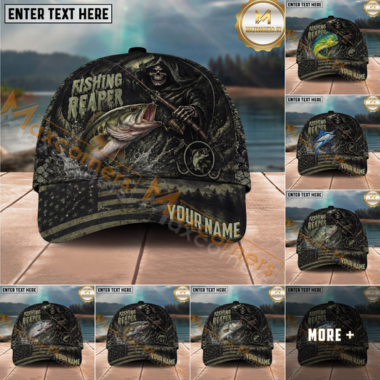 Maxcorners Fishing Reaper Dark American Flag Multiple Options Personalized Name 3D Cap (12 Fish Species)