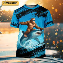 Maxcorners Just A Casual Day With Bigfoot And His Shark Fishing UPF Shirts, Funny Fishing Shirt, Presents For Fishermen