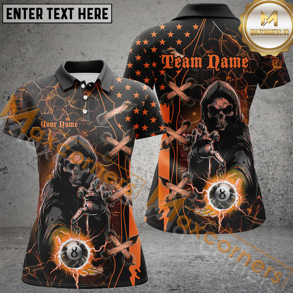 Maxcorners Orange Death Skeleton Lightning Us Flag Bowling Jersey Customized Name, Team Name 3D Shirt