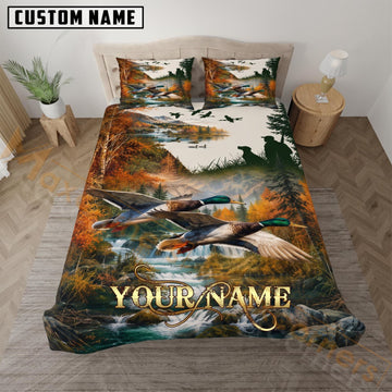 Maxcorners Duck Hunting Mountain Lake Mallard Custom Name 3D Bedding Set