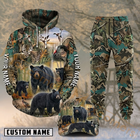 Maxcorners Hunting Black Bear Family Forest Camo Personalized 3D Combo Hoodie, Sweatpants Set & Cap