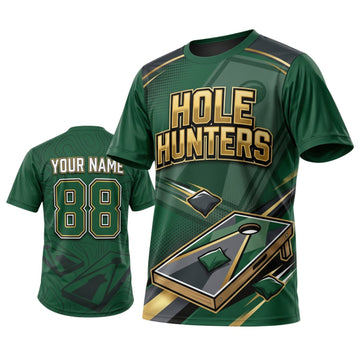 Maxcorners Cornhole Green Hole Hunters Personalized Name 3D Unisex Shirt