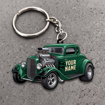 Maxcorners Hot Rod Forest Green Classic Roadster with Exposed Engine Personalized Name 3D Keychain And Ornament