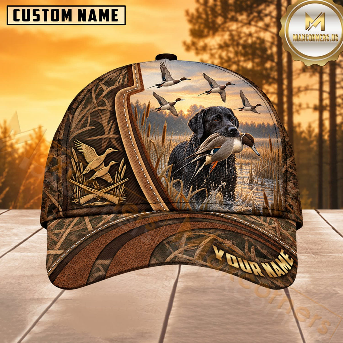 Maxcorners Dog Hunting And Duck Rustic Woodgrain Marshland Scene Multiple Options Personalized Name 3D Cap
