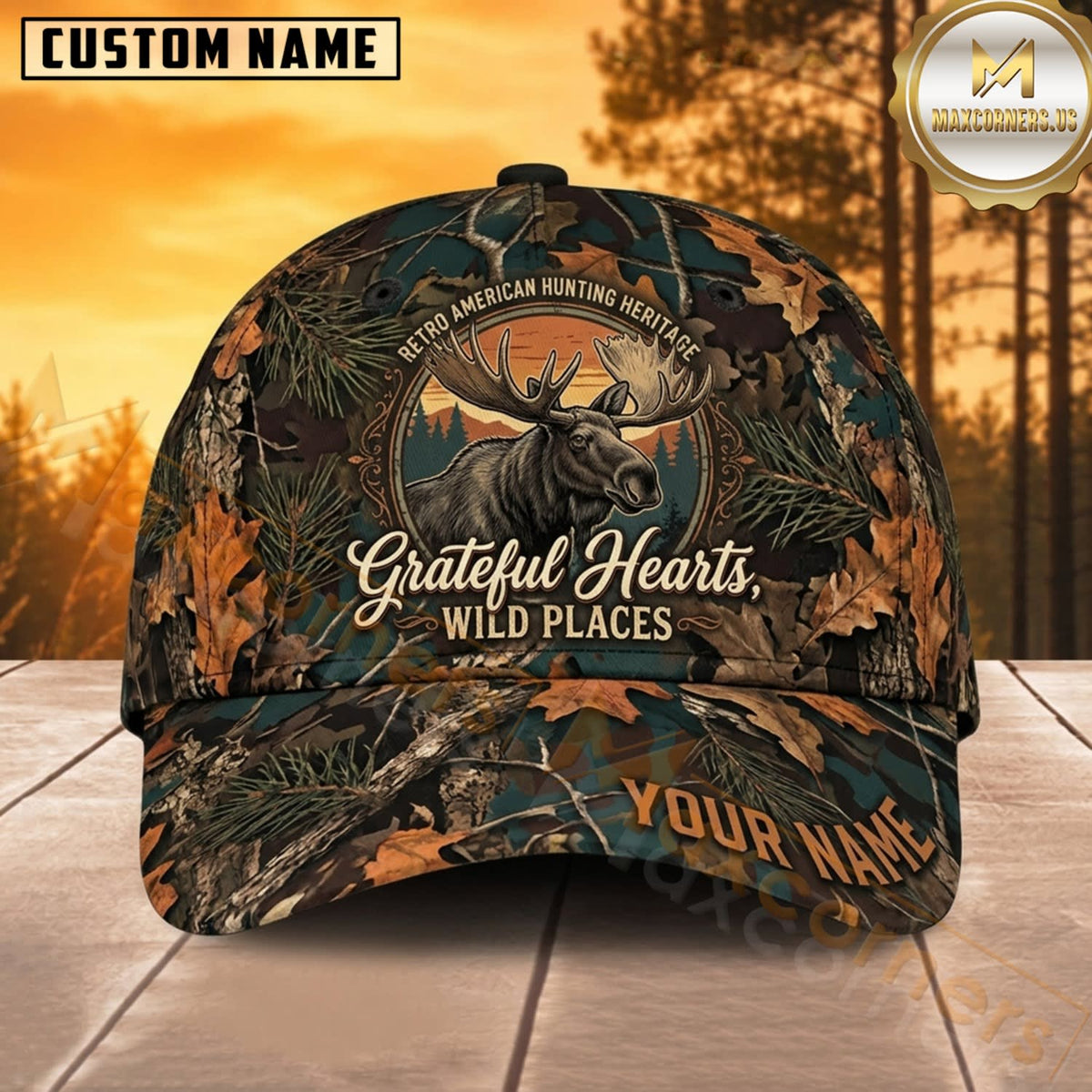 Maxcorners Moose Hunting Bull Moose Grateful Hearts Wild Places Forest Medallion Camo Customized Name 3D Cap