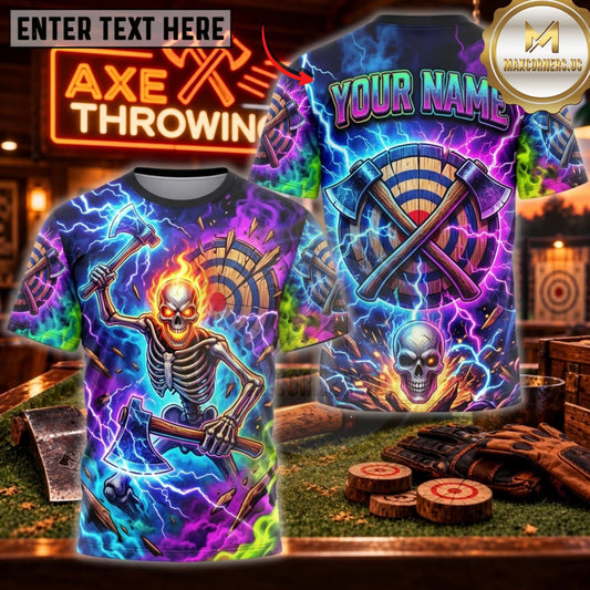 Maxcorners Axe Throwing Neon Purple Lightning Skull Personalized Name 3D Unisex Shirt