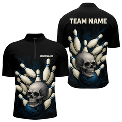 Maxcorners Black and Blue Skull Bowling Ball and Pins Bowling Shirts For Men Custom skull team bowling jerseys LM154