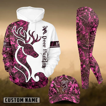 Maxcorners Hunting Whitetail Deer Pink Camo White Personalized 3D Combo Hoodie, Legging Set & Cap