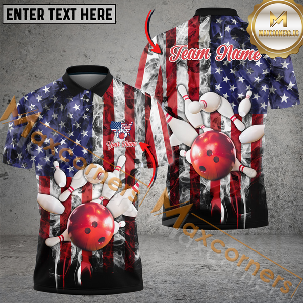 Maxcorners US Flag And Smoke Bowling Jersey Personalized Name, Team Name 3D Shirt