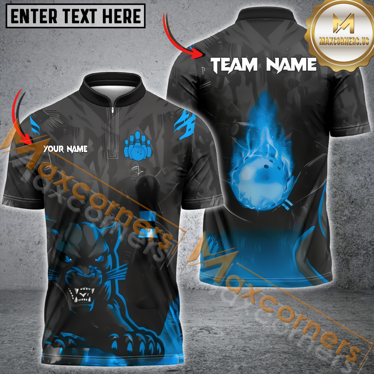 Maxcorners Black Panther Ball Flame Bowling Jersey Multicolor Customized Name, Team Name 3D Polo Shirt