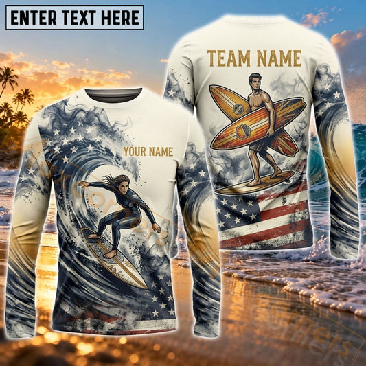 Maxcorners Surfboard Golden Ocean Wave Art Customized Name, Team Name 3D Long Sleeve Shirt