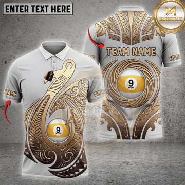 Maxcorners Billiards White Gold Tribal Nine Ball Personalized Name 3D Unisex Shirt