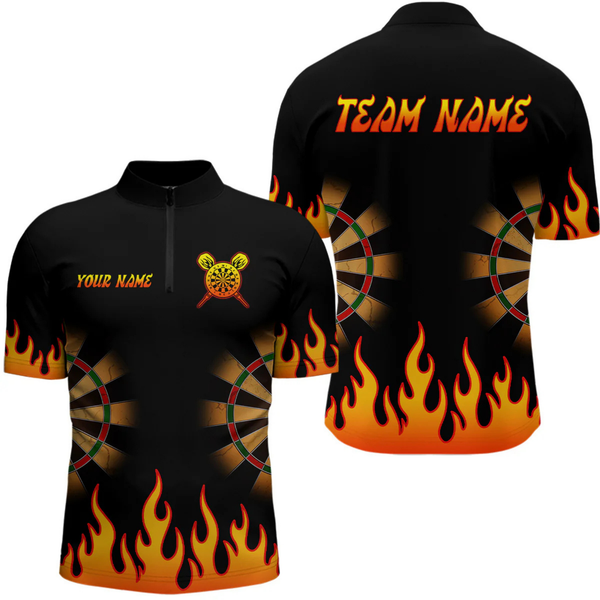 Maxcorners Men's Personalized Darts Shirt With Black Flame Pattern And Fiery Dartboard LM1605
