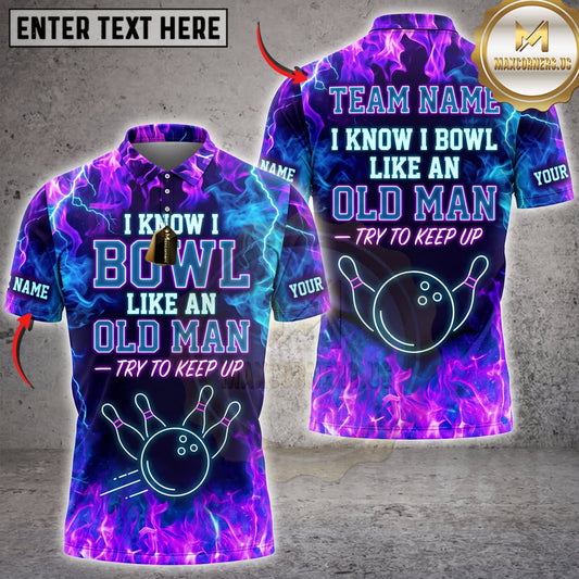 Maxcorners Bowling Purple Neon I Know I Bowl Like An Old Man Personalized Name 3D Unisex Shirt
